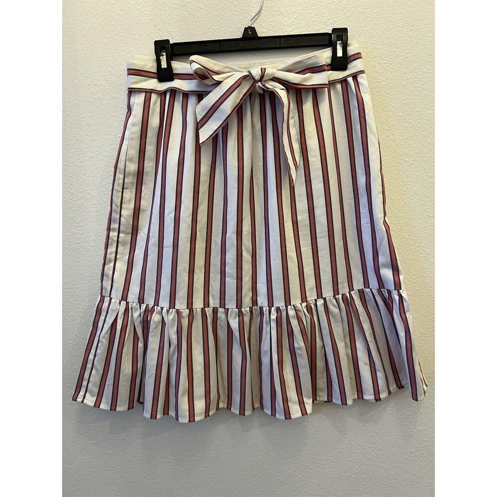 Draper James Women’s White Pink Tie Belted Stripe Flounce Ruffle Hem Skirt Small